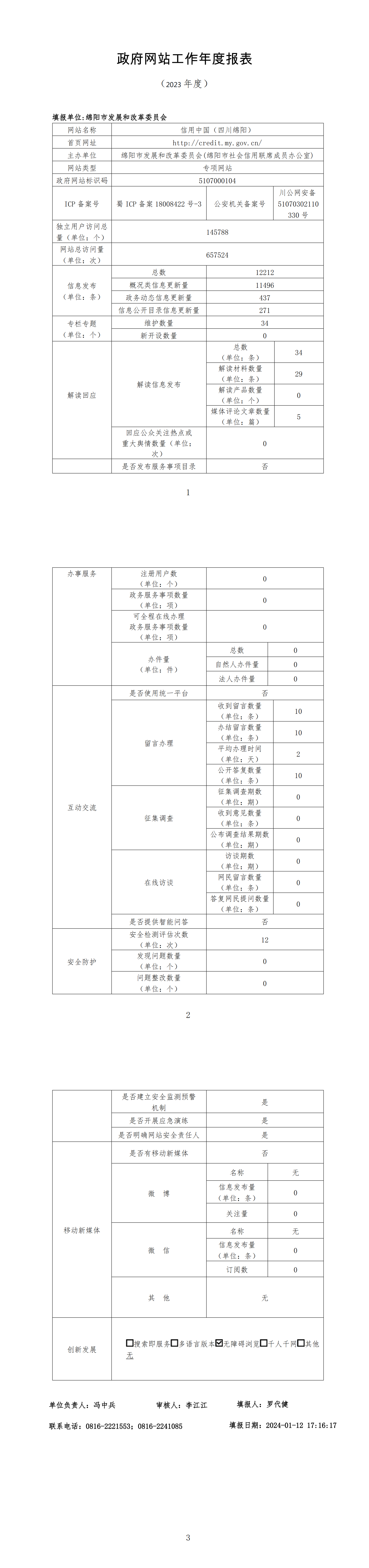 信用中国（四川绵阳）政府网站工作年度报表（2023年度）